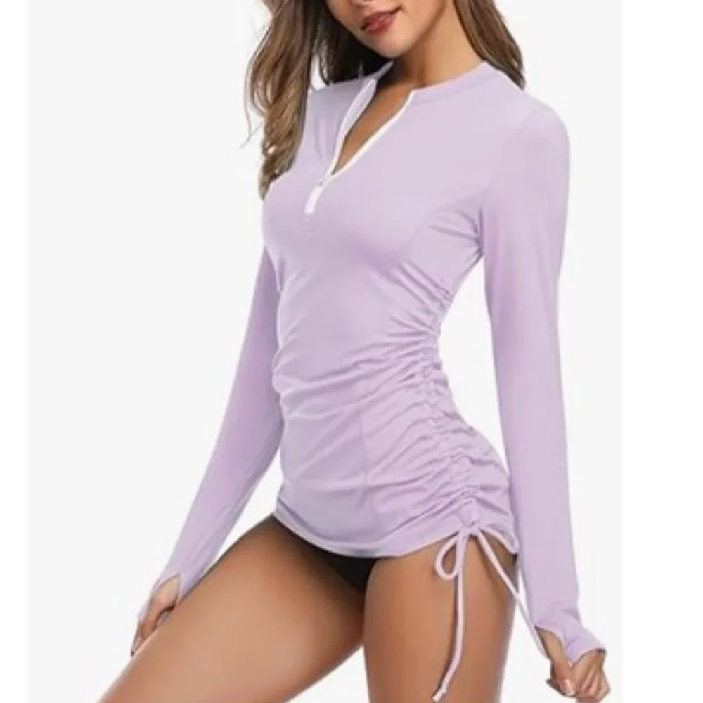 Women's Long Sleeve UV Sun Protection Rash Guard Side Adjustable Swimsuit Top